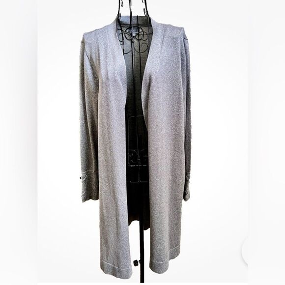 NWT JM COLLECTION Women’s Silver open shimmer duster with laced cuff Size LG - Picture 1 of 5